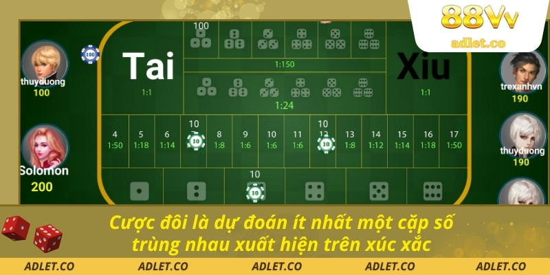 Cược đôi là dự đoán ít nhất một cặp số trùng nhau xuất hiện trên xúc xắc